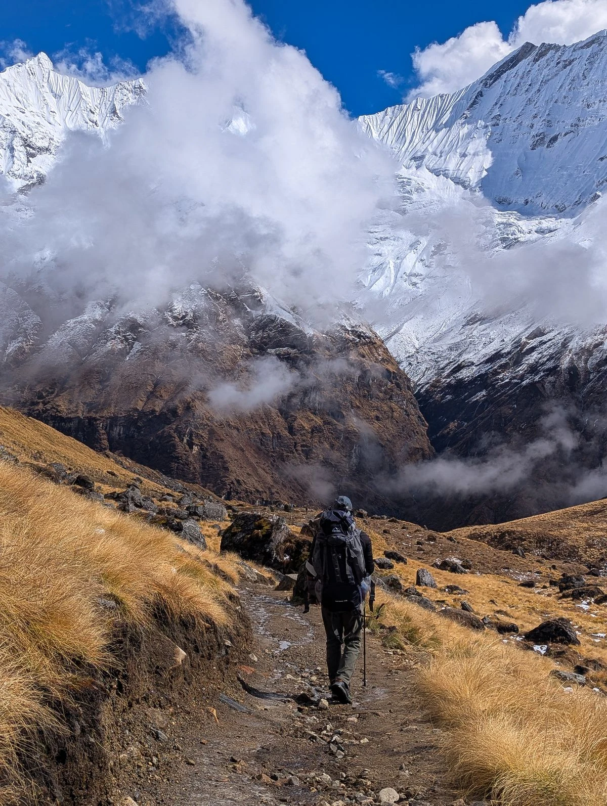 Trekker walking toward snow-covered Himalayan peaks