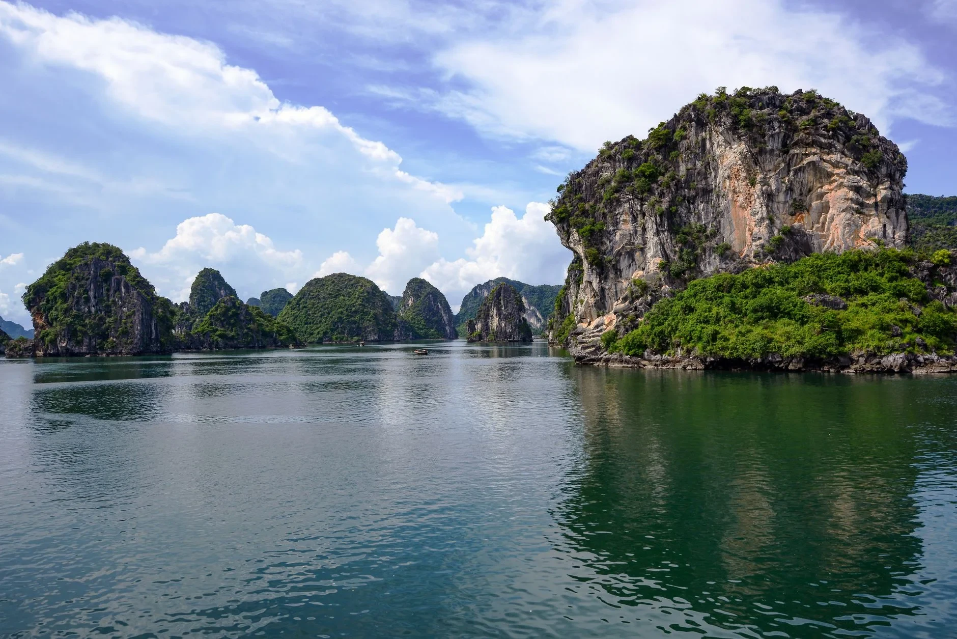 Limestone karsts rising from the water in Vietnam