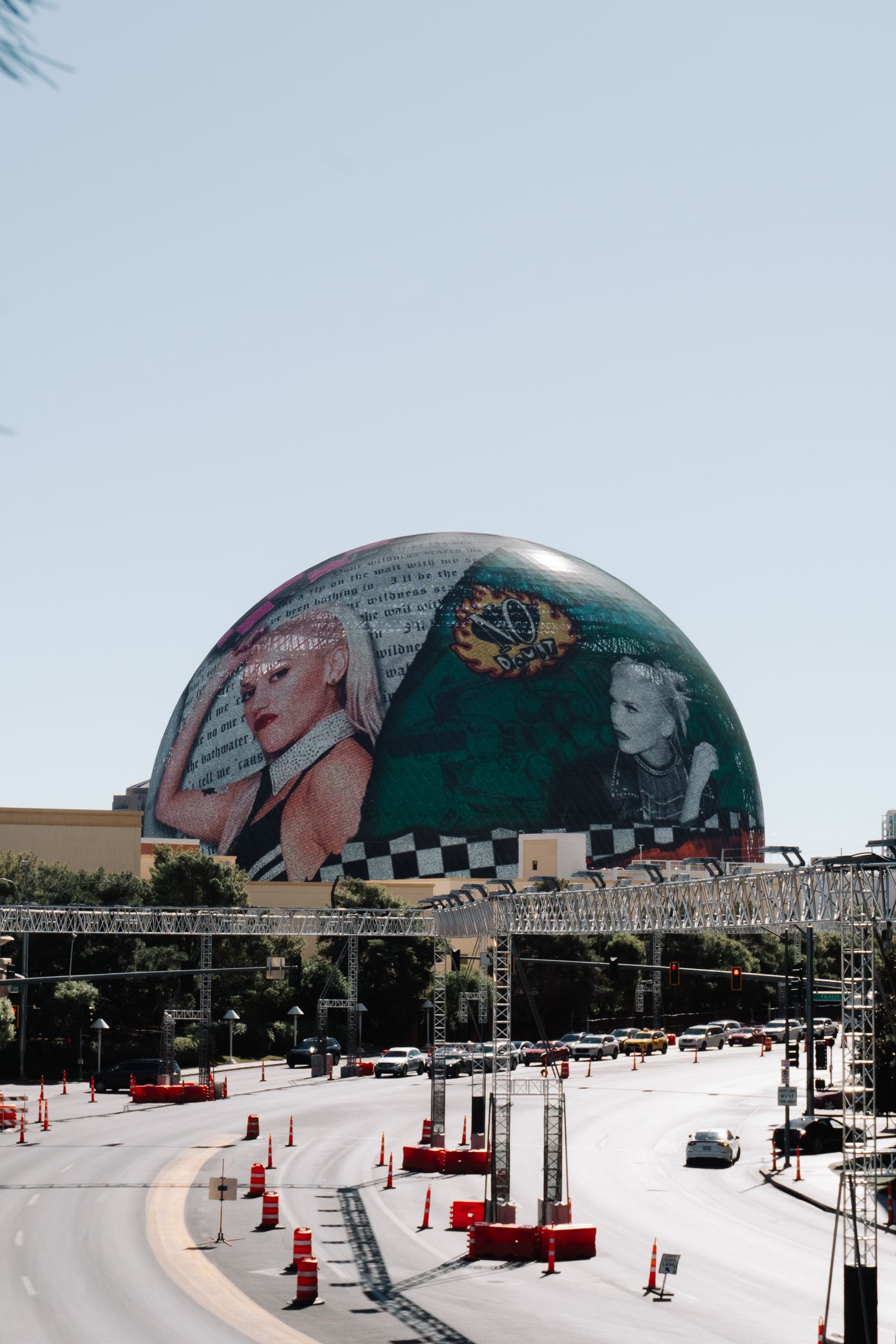 The exterior of Sphere in Las Vegas displaying colorful artwork