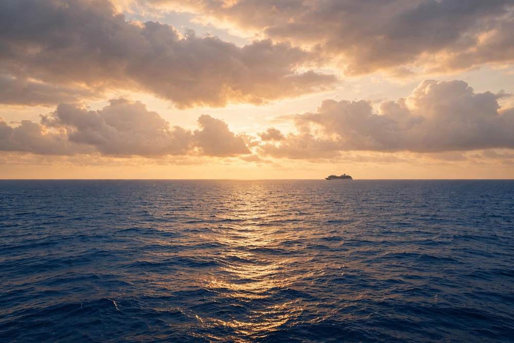 Luxury cruise ship on the open Atlantic at golden hour