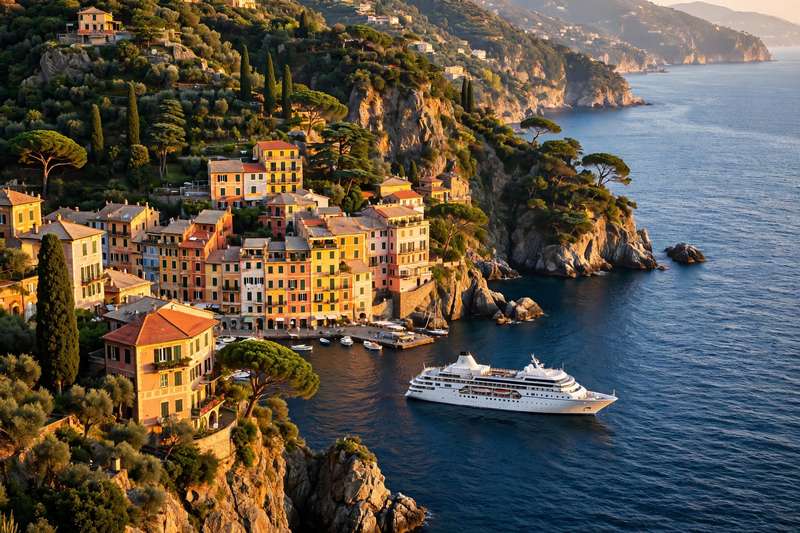 Mediterranean coastal town on cliffs above a deep blue sea with a small ship in the bay
